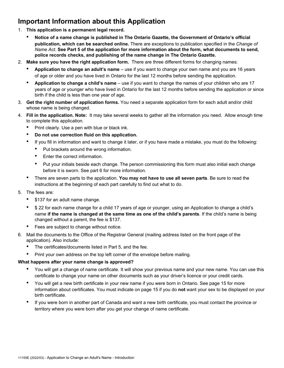 Form 11155E Application to Change an Adults Name - Ontario, Canada, Page 2