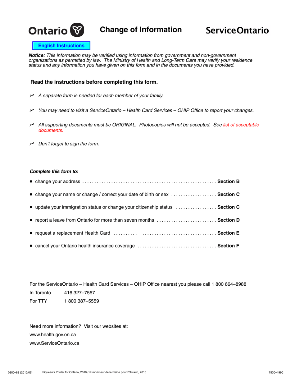 Form 0280-82 Change of Information - Ontario, Canada, Page 1