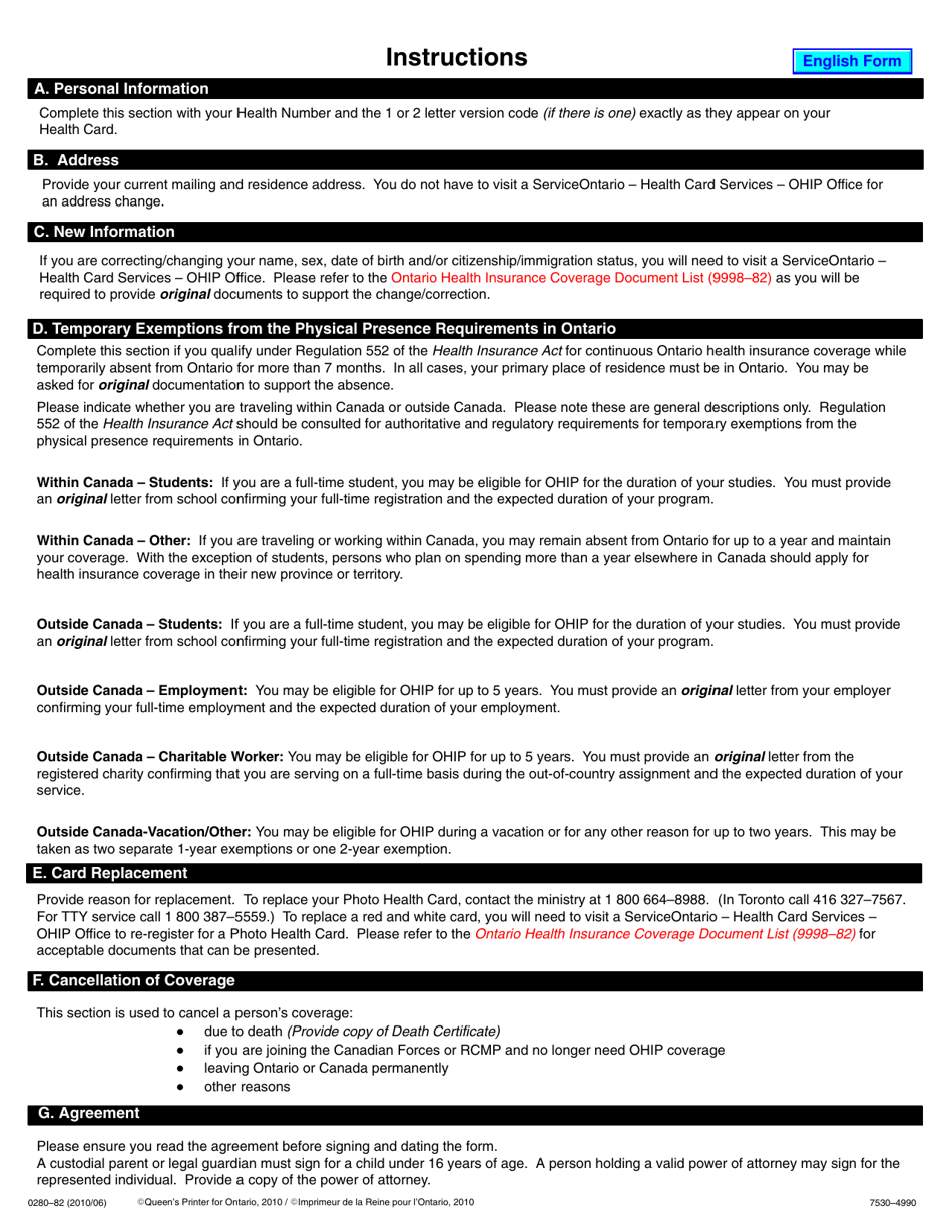 Form 0280-82 Change of Information - Ontario, Canada, Page 2