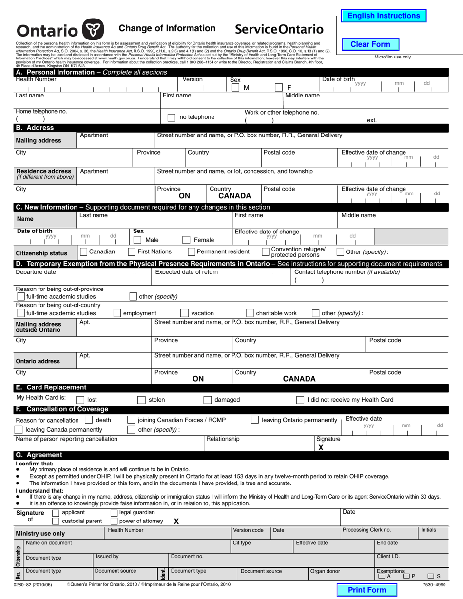 Form 0280-82 Change of Information - Ontario, Canada, Page 3