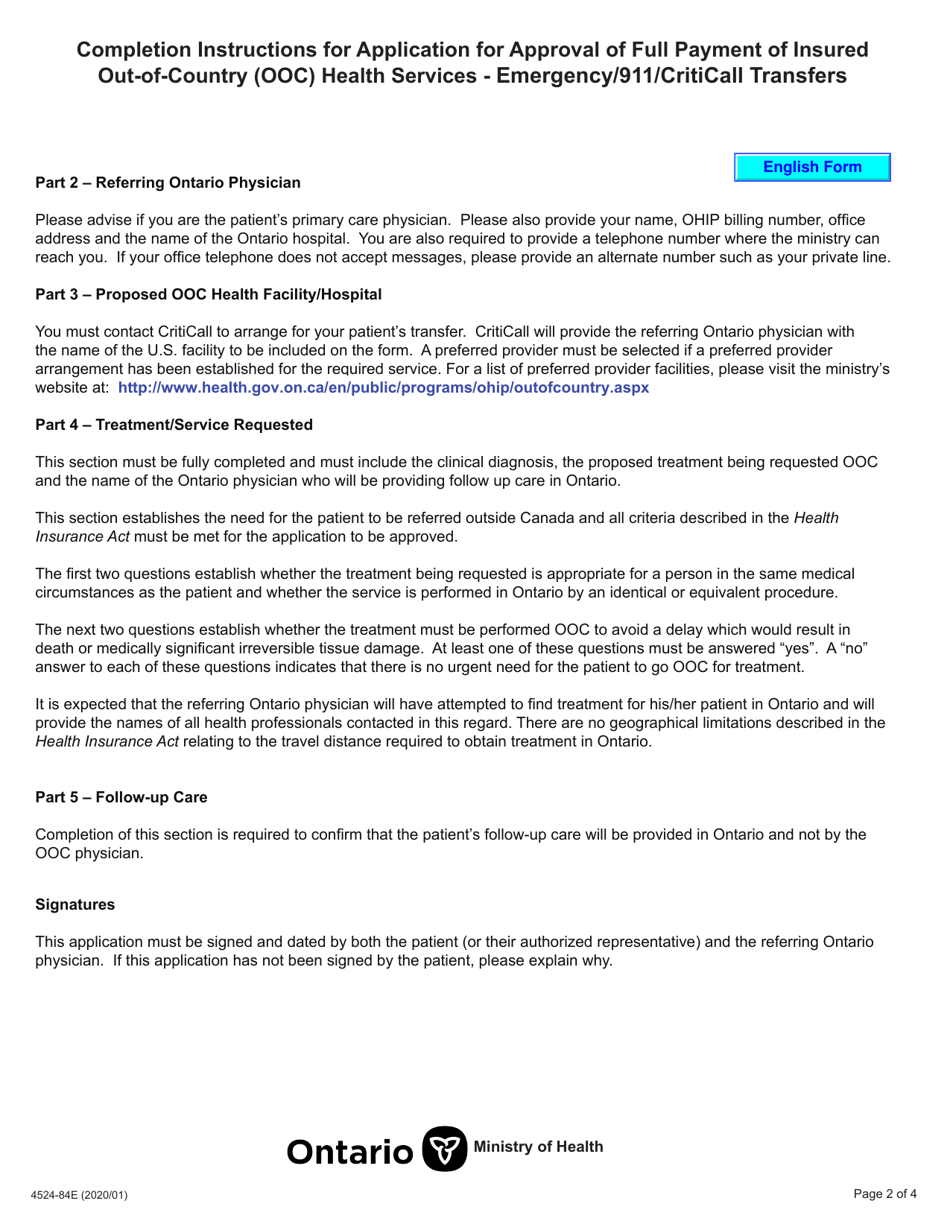 Form 4524-84 Application for Approval of Full Payment of Insured out-Of-Country (Ooc) Health Services - Emergency / 911 / Criticall Transfers - Ontario, Canada, Page 2