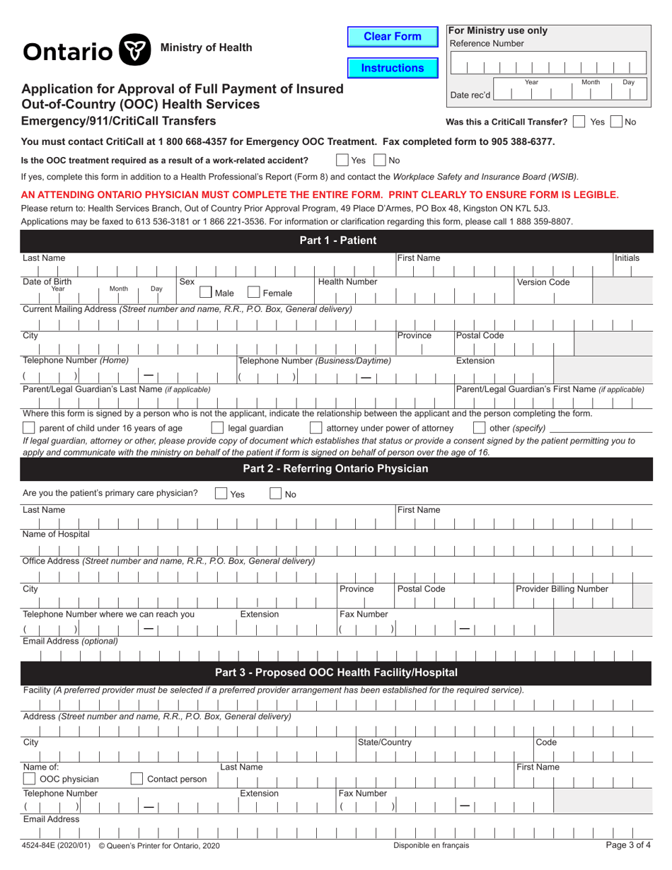 Form 4524-84 Application for Approval of Full Payment of Insured out-Of-Country (Ooc) Health Services - Emergency / 911 / Criticall Transfers - Ontario, Canada, Page 3