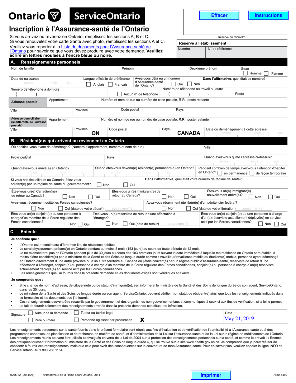 Form 0265-82 Registration for Ontario Health Insurance Coverage - Ontario, Canada (English / French), Page 3