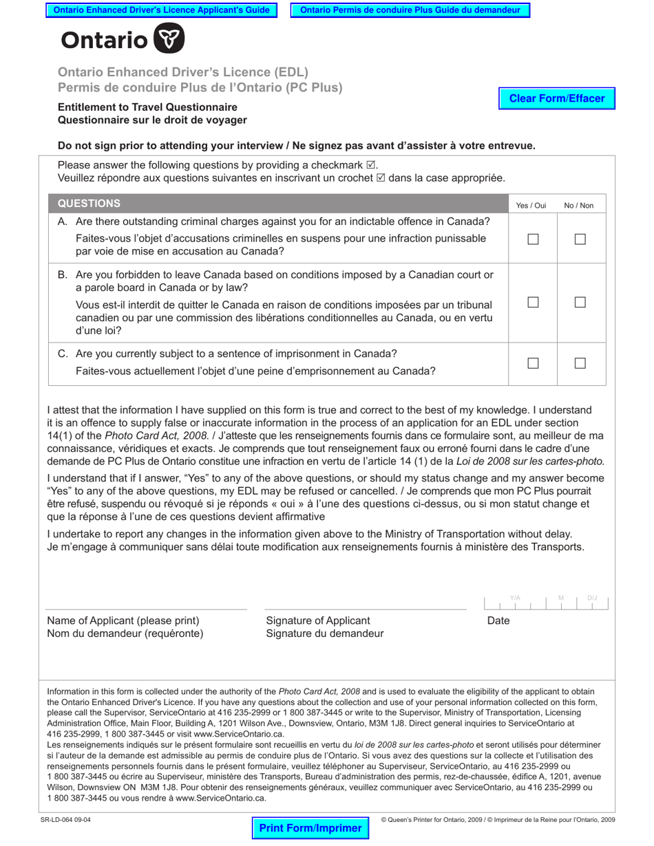 Form SR-LD-064 Ontario Enhanced Drivers Licence (Edl) Entitlement to Travel Questionnaire - Ontario, Canada (English / French), Page 1