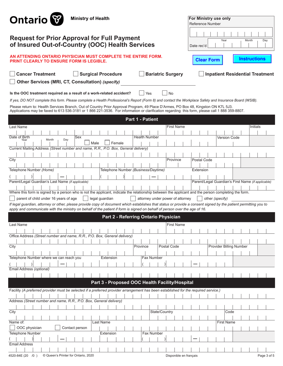 Form 4520-84 Request for Prior Approval for Full Payment of Insured out-Of-Country (Ooc) Health Services - Ontario, Canada, Page 3