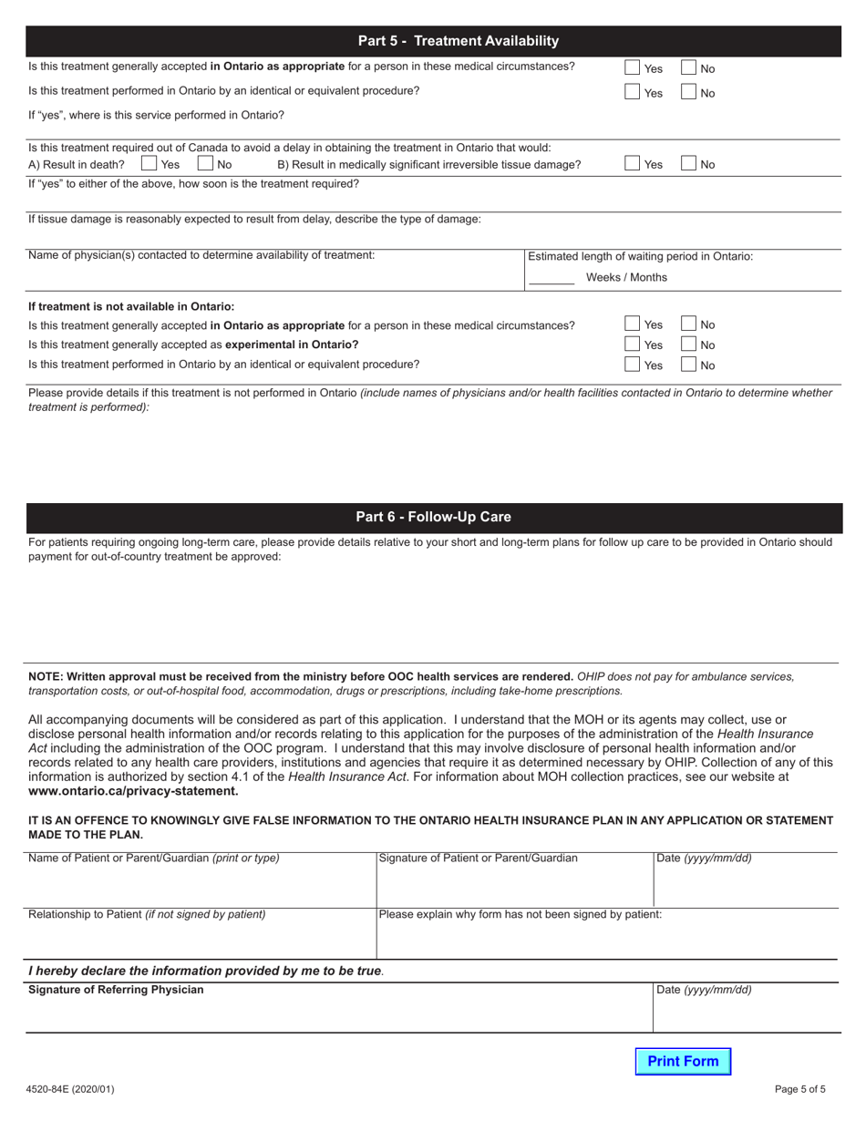 Form 4520-84 - Fill Out, Sign Online And Download Fillable Pdf, Ontario 