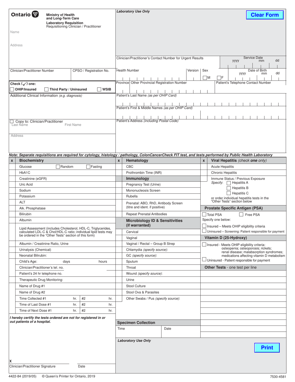 Form 4422-84 Laboratory Requisition - Requisitioning Physician / Practitioner - Ontario, Canada, Page 1