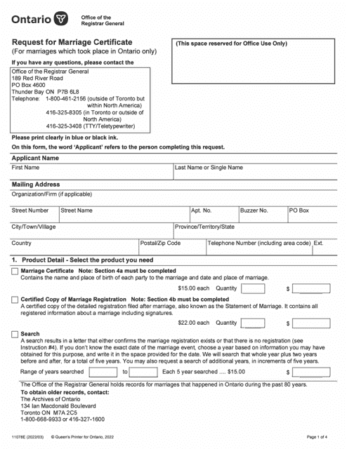 Form 11078 Request for Marriage Certificate - Ontario, Canada