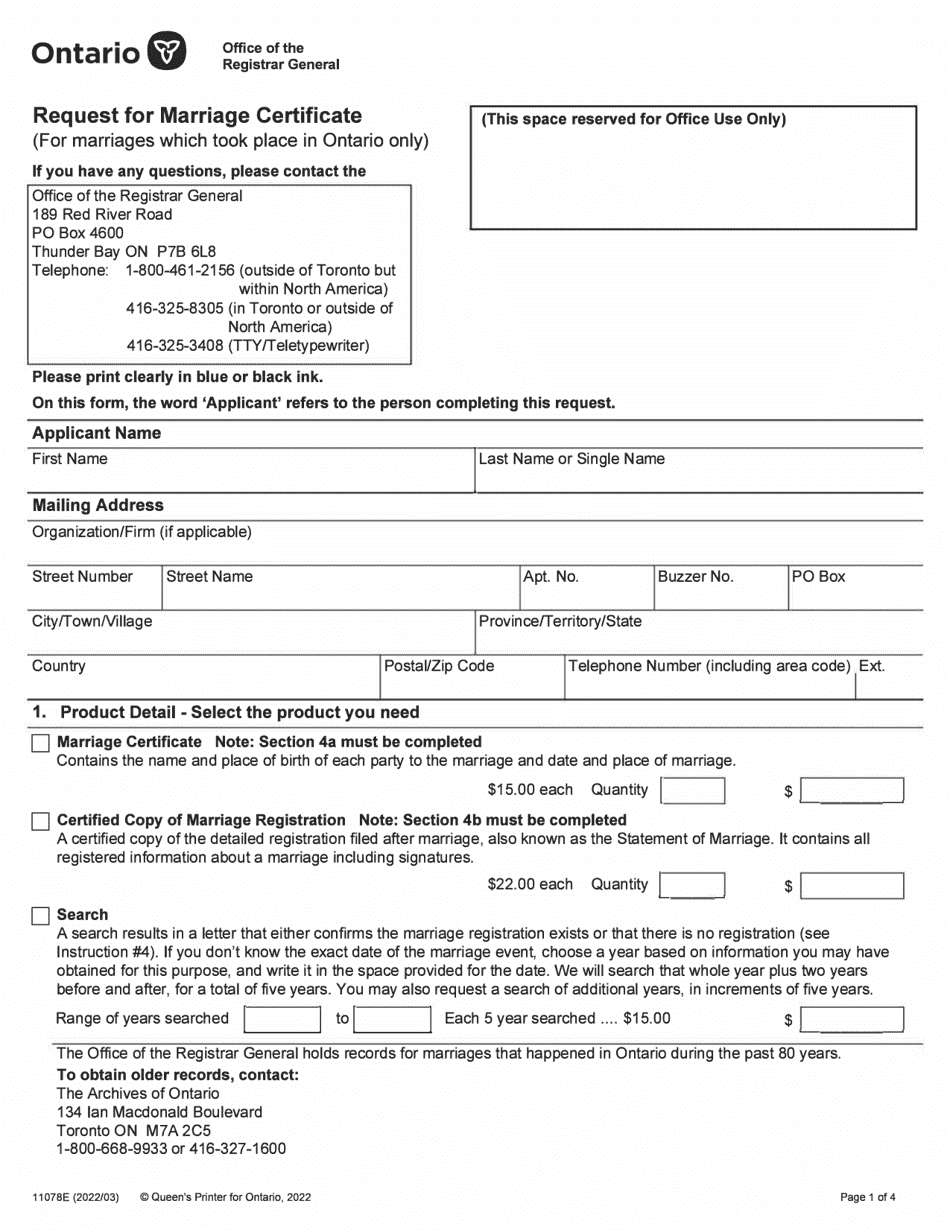Form 11078 Request for Marriage Certificate - Ontario, Canada, Page 1
