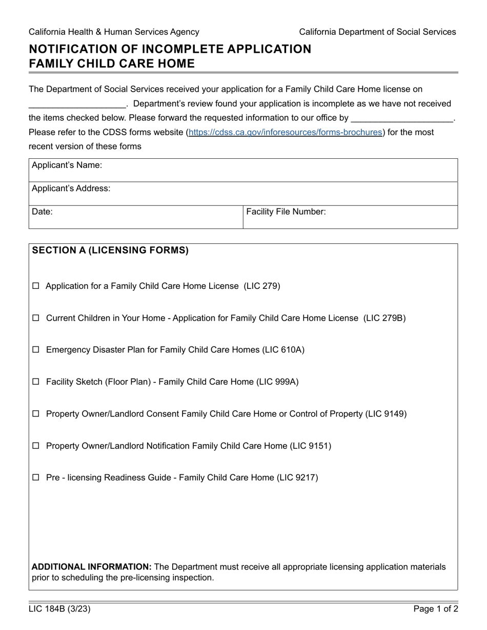 Form LIC184B Notification of Incomplete Application Family Child Care Home - California, Page 1