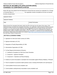 Form LIC184E Notice of Incomplete Application (Noia) Changes to Corporate Status - California