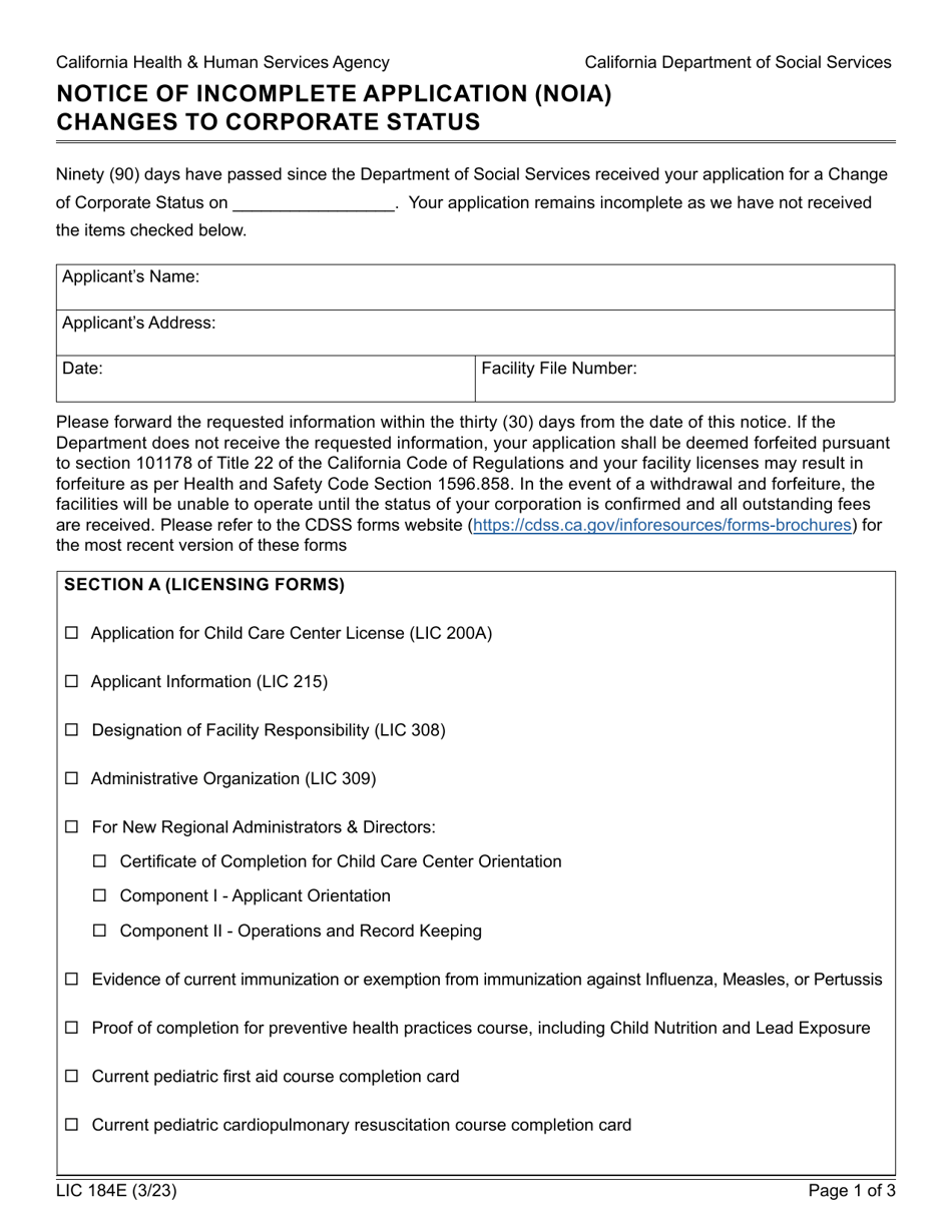Form LIC184E Notice of Incomplete Application (Noia) Changes to Corporate Status - California, Page 1