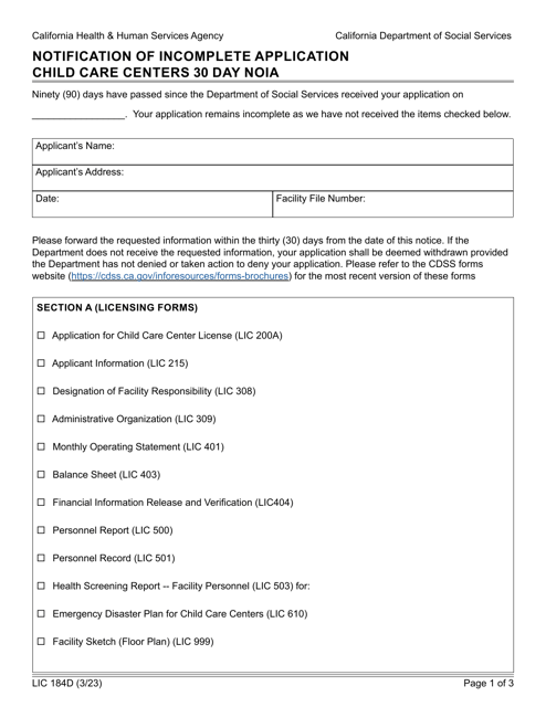Form LIC184D Notification of Incomplete Application Child Care Centers 30 Day Noia - California