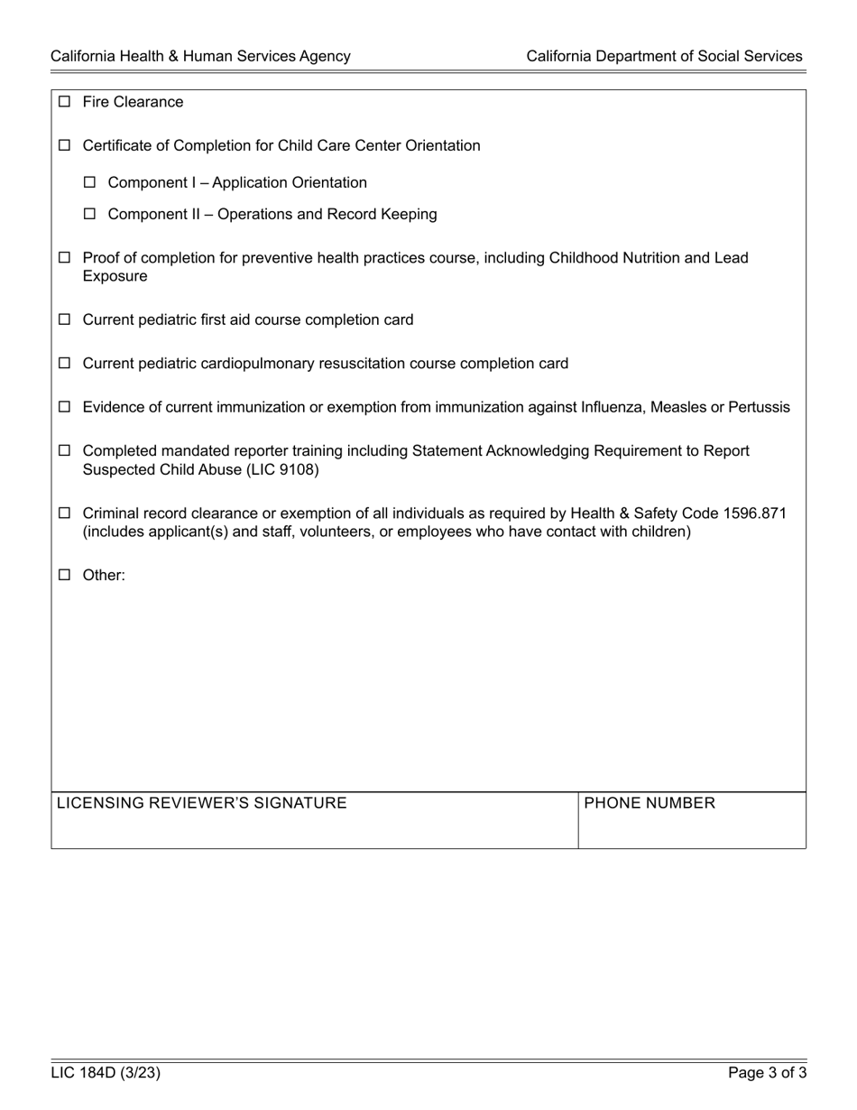 Form LIC184D Notification of Incomplete Application Child Care Centers 30 Day Noia - California, Page 3