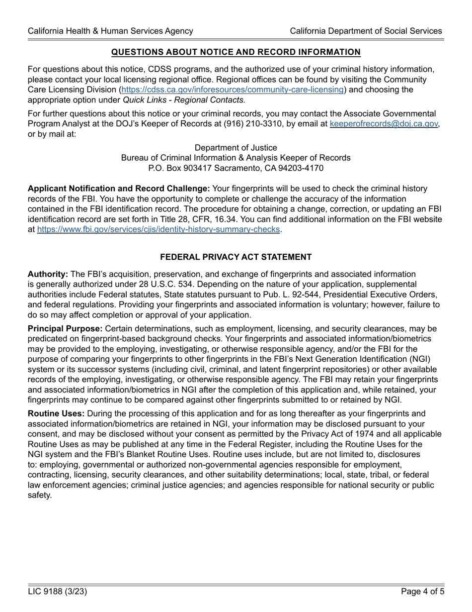 Form LIC9188 Criminal Record Exemption Transfer Request - California, Page 4