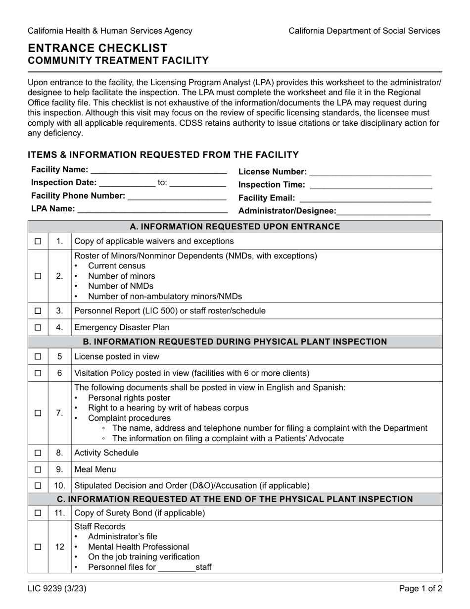 Form LIC9239 Entrance Checklist - Community Treatment Facility - California, Page 1