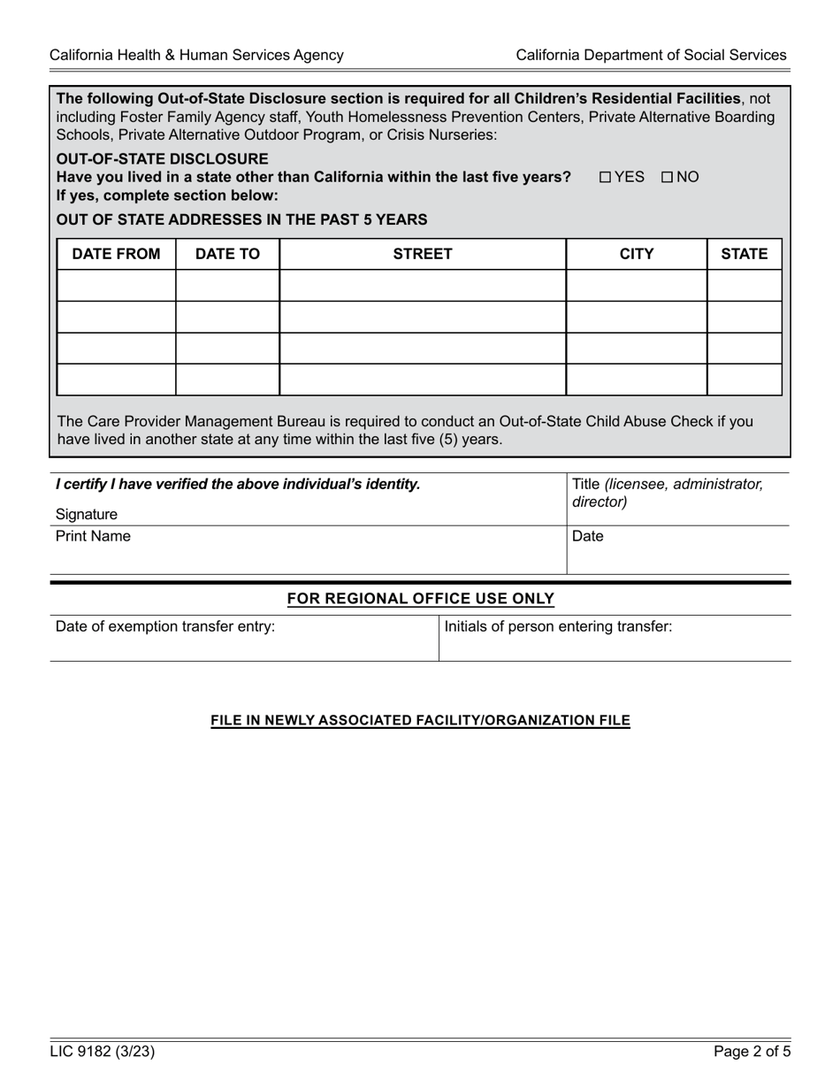 Form LIC9182 Criminal Background Clearance Transfer Request - California, Page 2