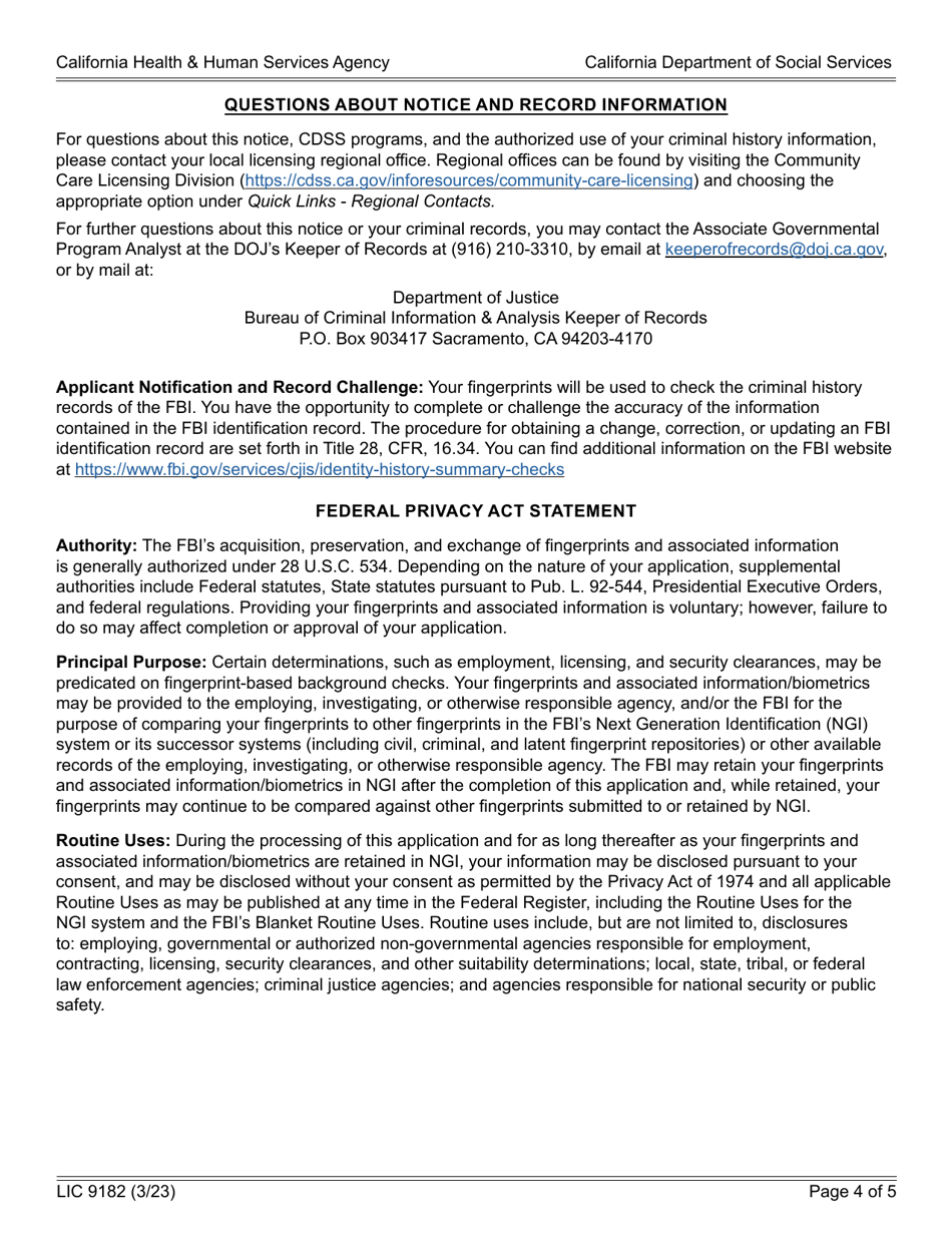 Form LIC9182 Criminal Background Clearance Transfer Request - California, Page 4
