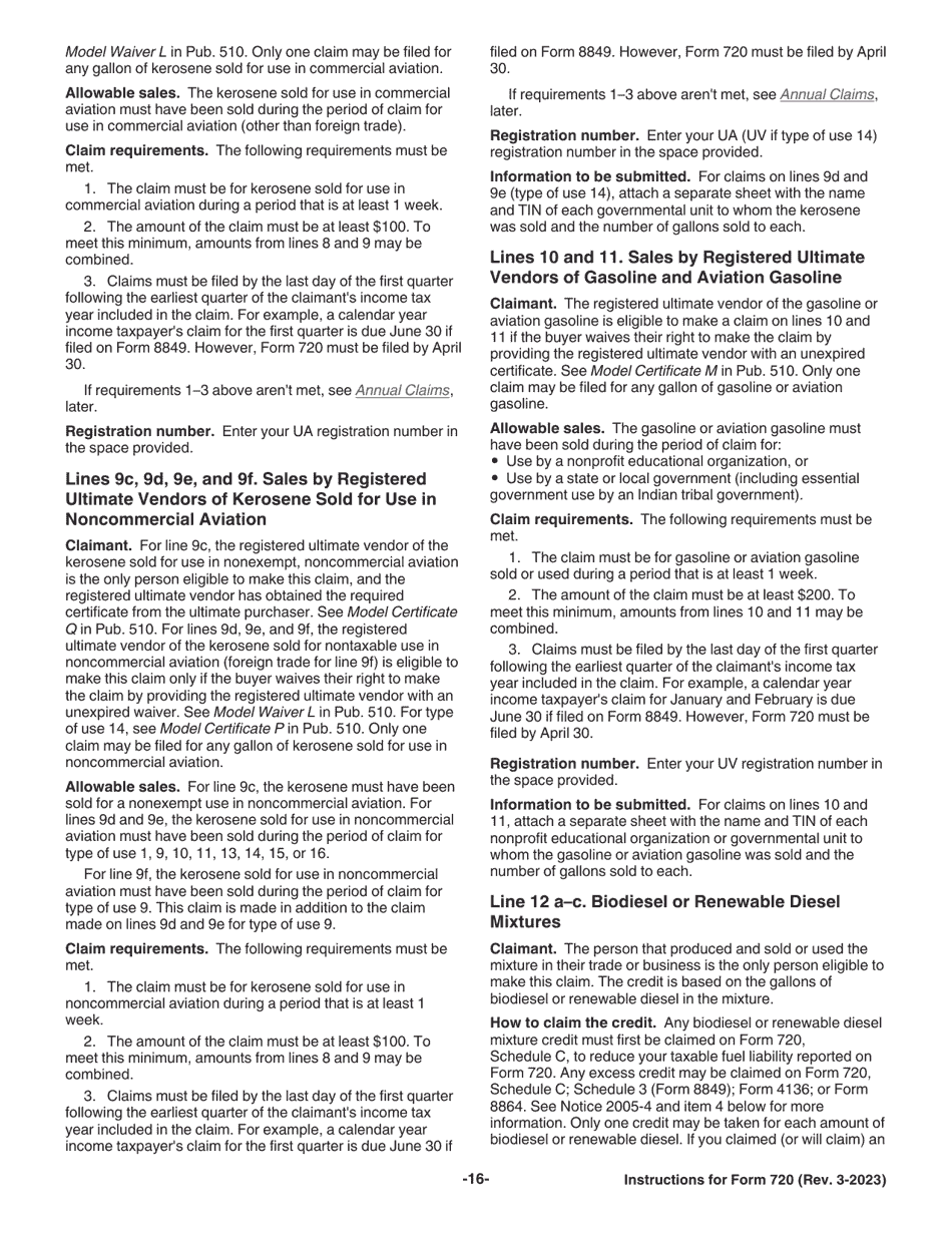 Instructions for IRS Form 720 Quarterly Federal Excise Tax Return, Page 16