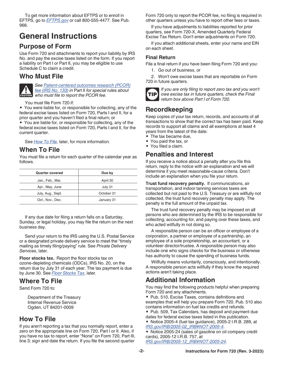 Instructions for IRS Form 720 Quarterly Federal Excise Tax Return, Page 2