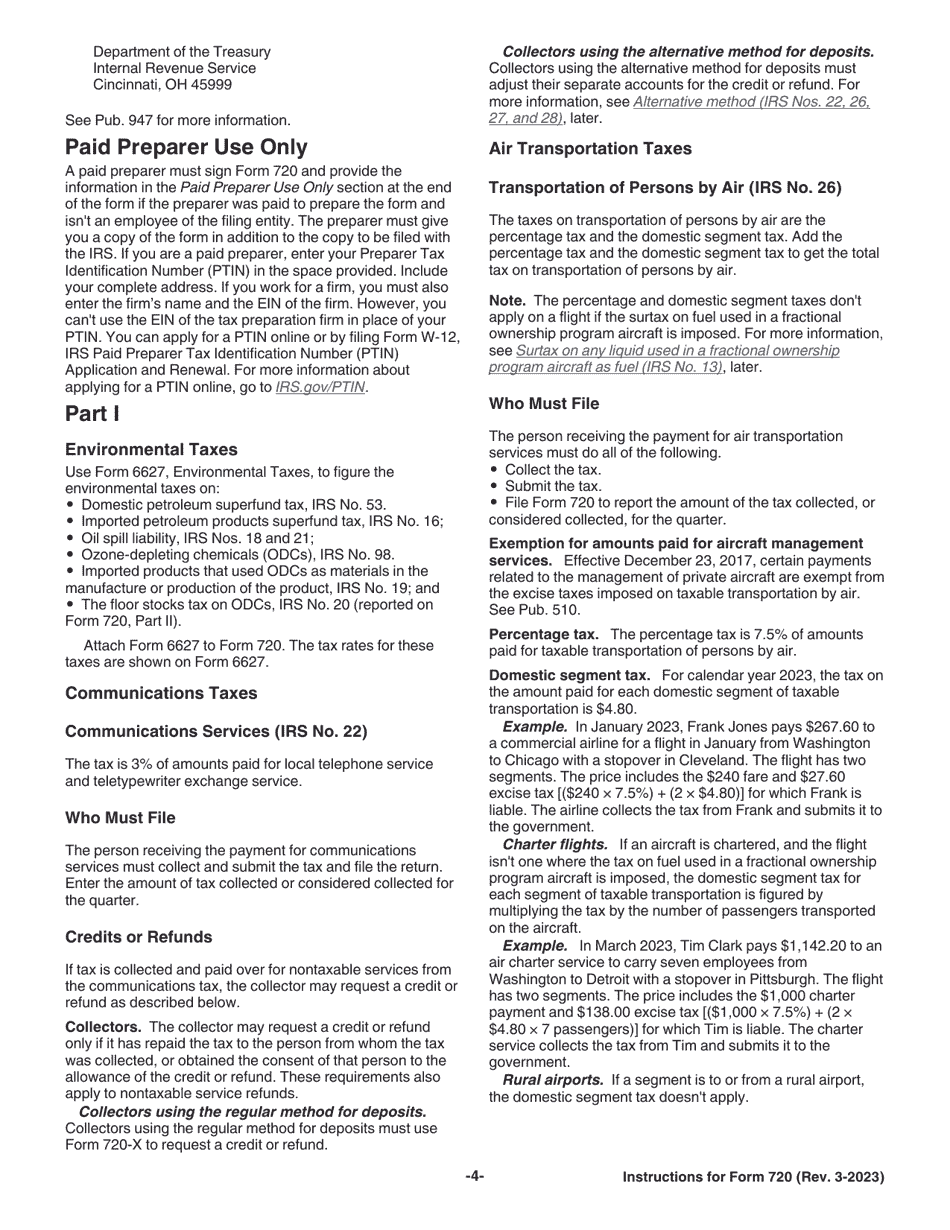 Instructions for IRS Form 720 Quarterly Federal Excise Tax Return, Page 4