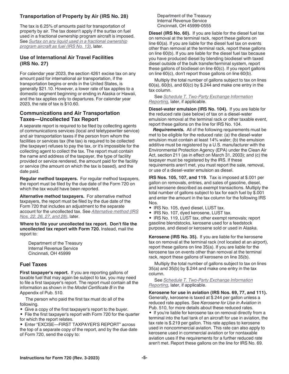 Instructions for IRS Form 720 Quarterly Federal Excise Tax Return, Page 5