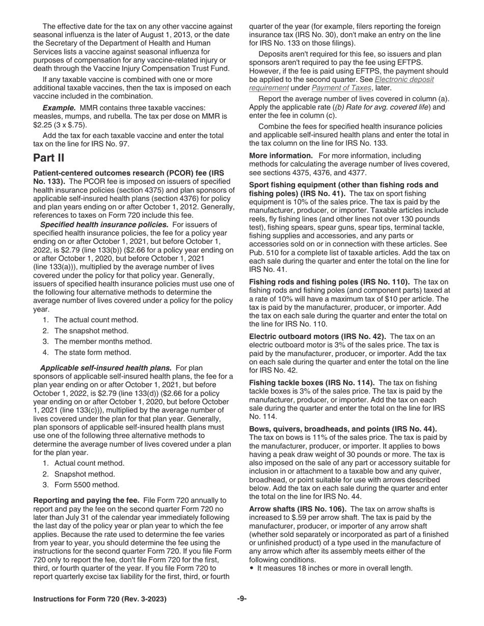 Instructions for IRS Form 720 Quarterly Federal Excise Tax Return, Page 9