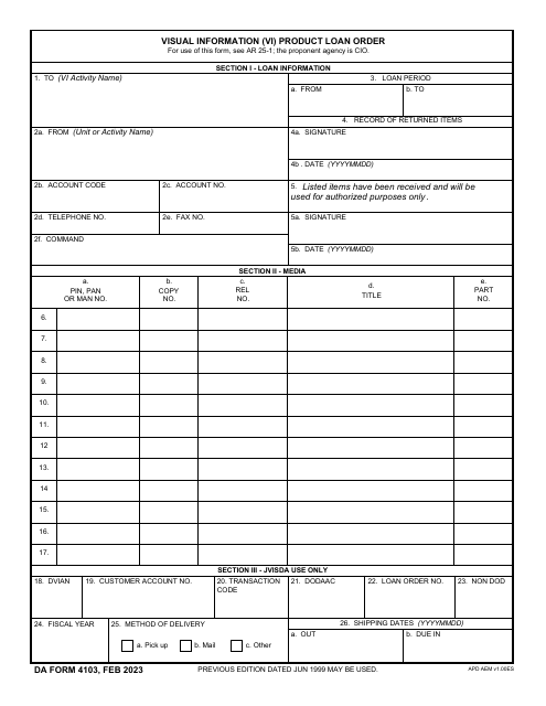DA Form 4103 Visual Information (VI) Product Loan Order