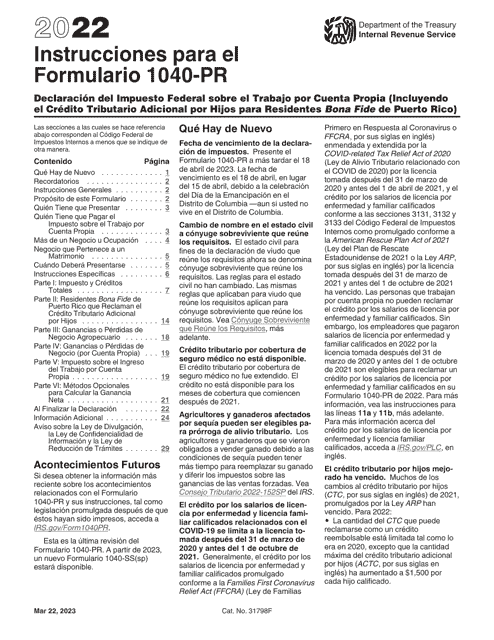 Instrucciones para IRS Formulario 1040-PR Declaracion De Impuestos Federal Sobre El Trabajo Por Cuenta Propia (Incluyendo El Credito Tributario Adicional Por Hijos Para Residentes Bona Fide De Puerto Rico) (Puerto Rican Spanish), 2022
