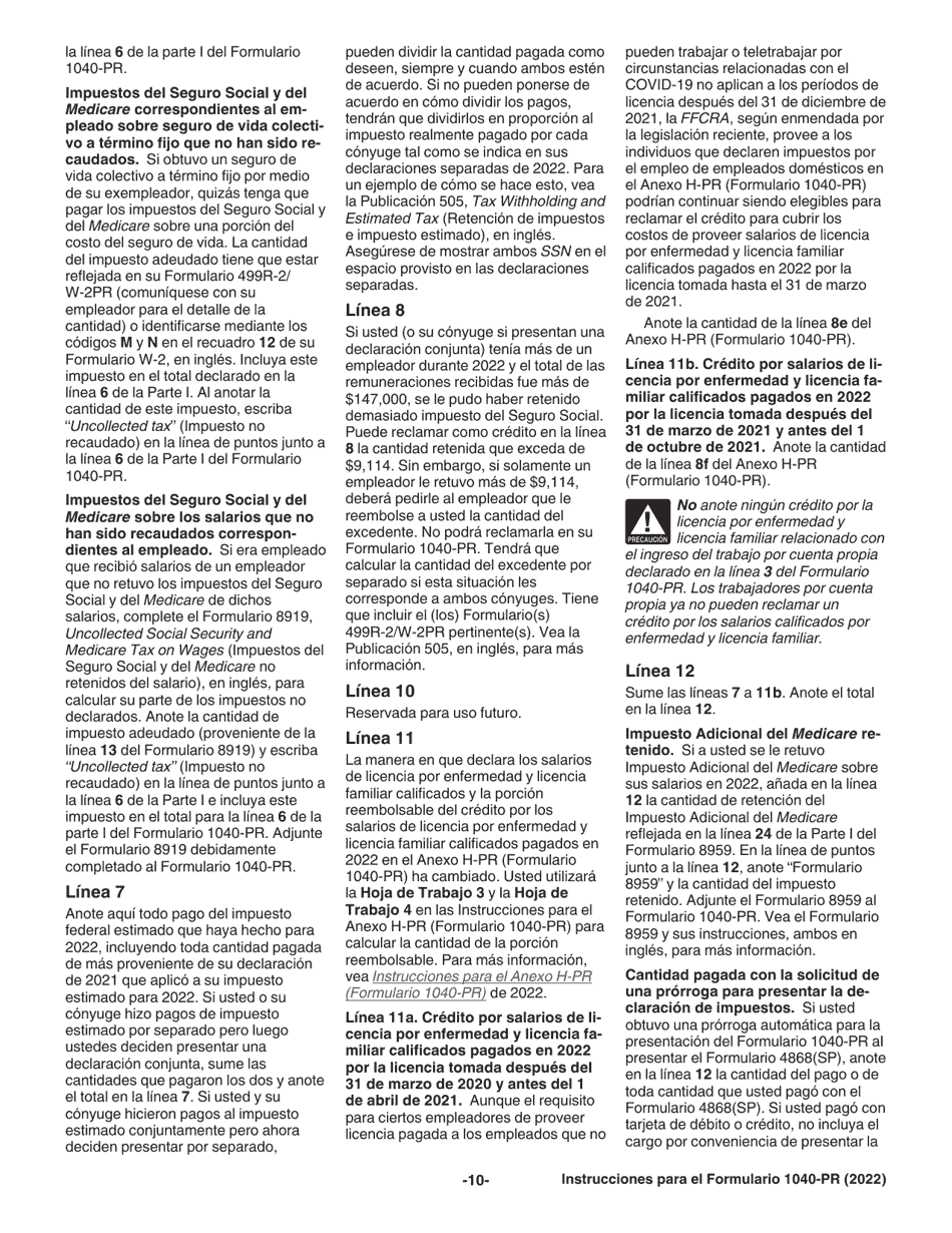 Instrucciones para IRS Formulario 1040-PR Declaracion De Impuestos Federal Sobre El Trabajo Por Cuenta Propia (Incluyendo El Credito Tributario Adicional Por Hijos Para Residentes Bona Fide De Puerto Rico) (Puerto Rican Spanish), Page 10