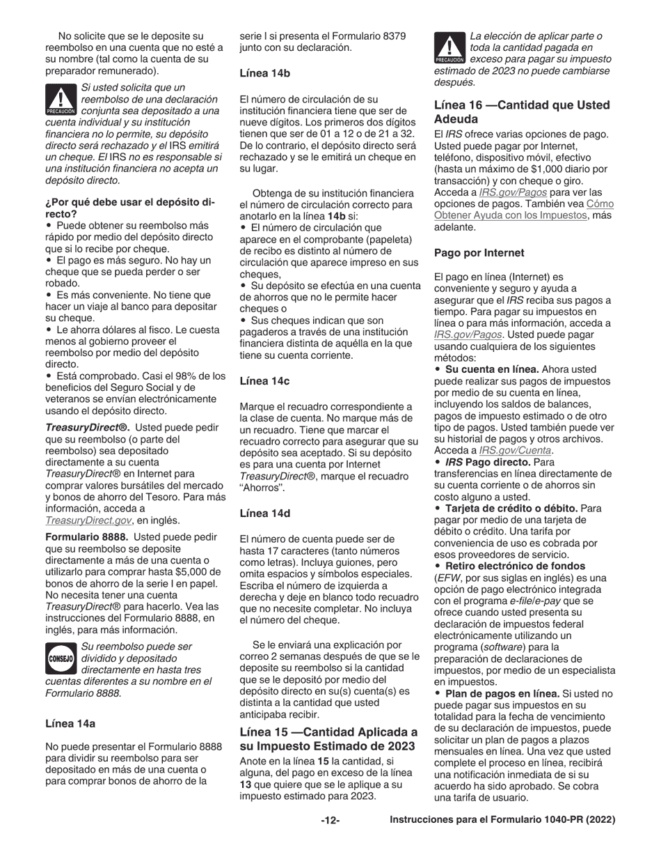 Instrucciones para IRS Formulario 1040-PR Declaracion De Impuestos Federal Sobre El Trabajo Por Cuenta Propia (Incluyendo El Credito Tributario Adicional Por Hijos Para Residentes Bona Fide De Puerto Rico) (Puerto Rican Spanish), Page 12