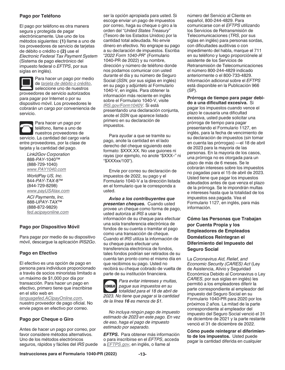 Instrucciones para IRS Formulario 1040-PR Declaracion De Impuestos Federal Sobre El Trabajo Por Cuenta Propia (Incluyendo El Credito Tributario Adicional Por Hijos Para Residentes Bona Fide De Puerto Rico) (Puerto Rican Spanish), Page 13