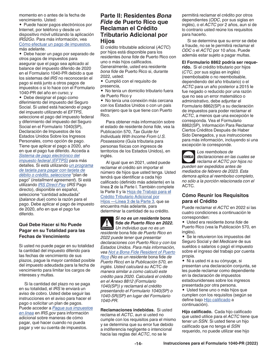 Instrucciones para IRS Formulario 1040-PR Declaracion De Impuestos Federal Sobre El Trabajo Por Cuenta Propia (Incluyendo El Credito Tributario Adicional Por Hijos Para Residentes Bona Fide De Puerto Rico) (Puerto Rican Spanish), Page 14
