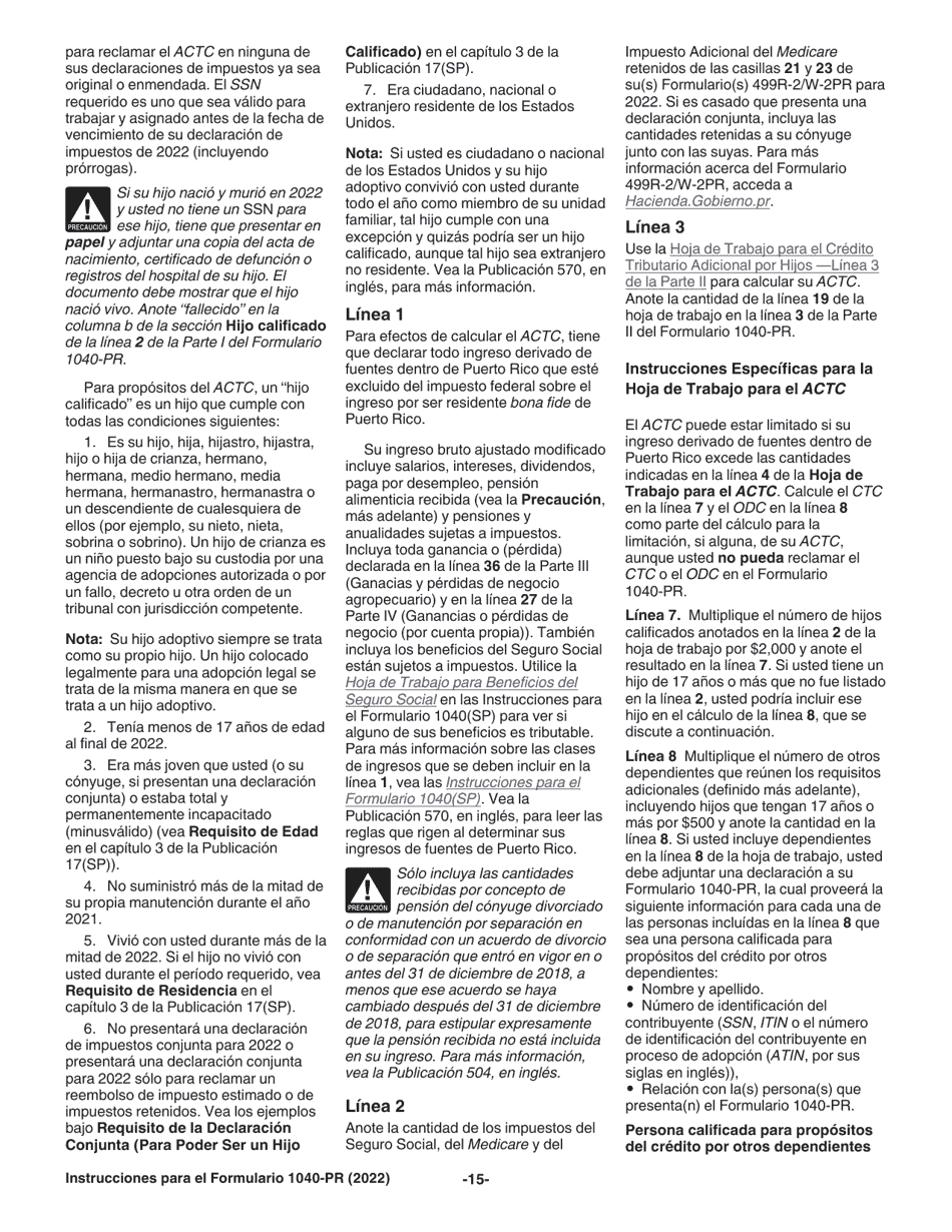 Instrucciones para IRS Formulario 1040-PR Declaracion De Impuestos Federal Sobre El Trabajo Por Cuenta Propia (Incluyendo El Credito Tributario Adicional Por Hijos Para Residentes Bona Fide De Puerto Rico) (Puerto Rican Spanish), Page 15