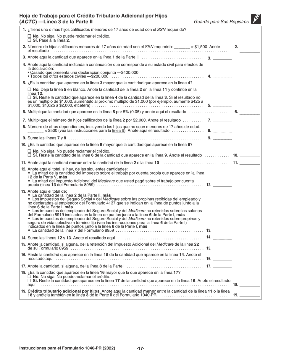 Instrucciones para IRS Formulario 1040-PR Declaracion De Impuestos Federal Sobre El Trabajo Por Cuenta Propia (Incluyendo El Credito Tributario Adicional Por Hijos Para Residentes Bona Fide De Puerto Rico) (Puerto Rican Spanish), Page 17