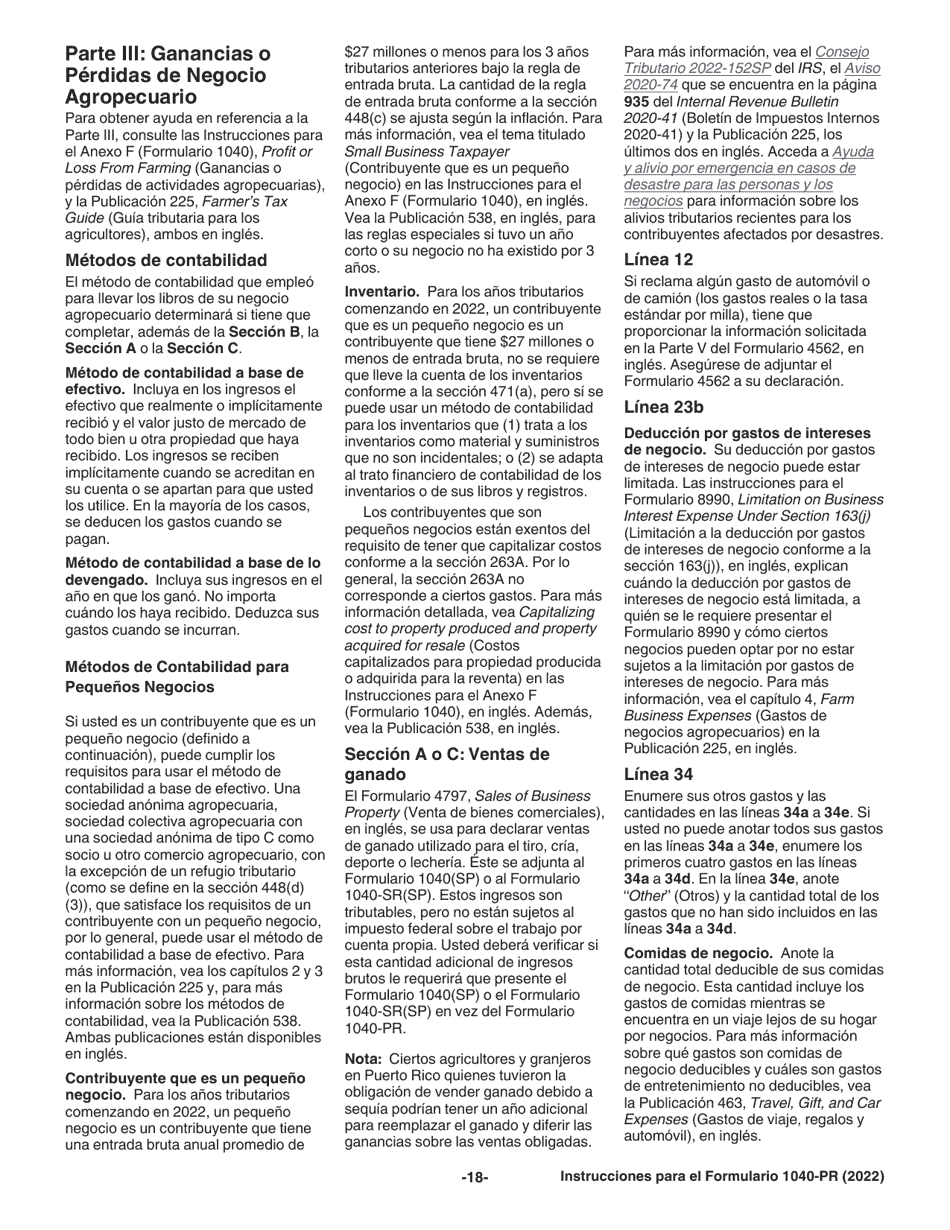 Instrucciones para IRS Formulario 1040-PR Declaracion De Impuestos Federal Sobre El Trabajo Por Cuenta Propia (Incluyendo El Credito Tributario Adicional Por Hijos Para Residentes Bona Fide De Puerto Rico) (Puerto Rican Spanish), Page 18