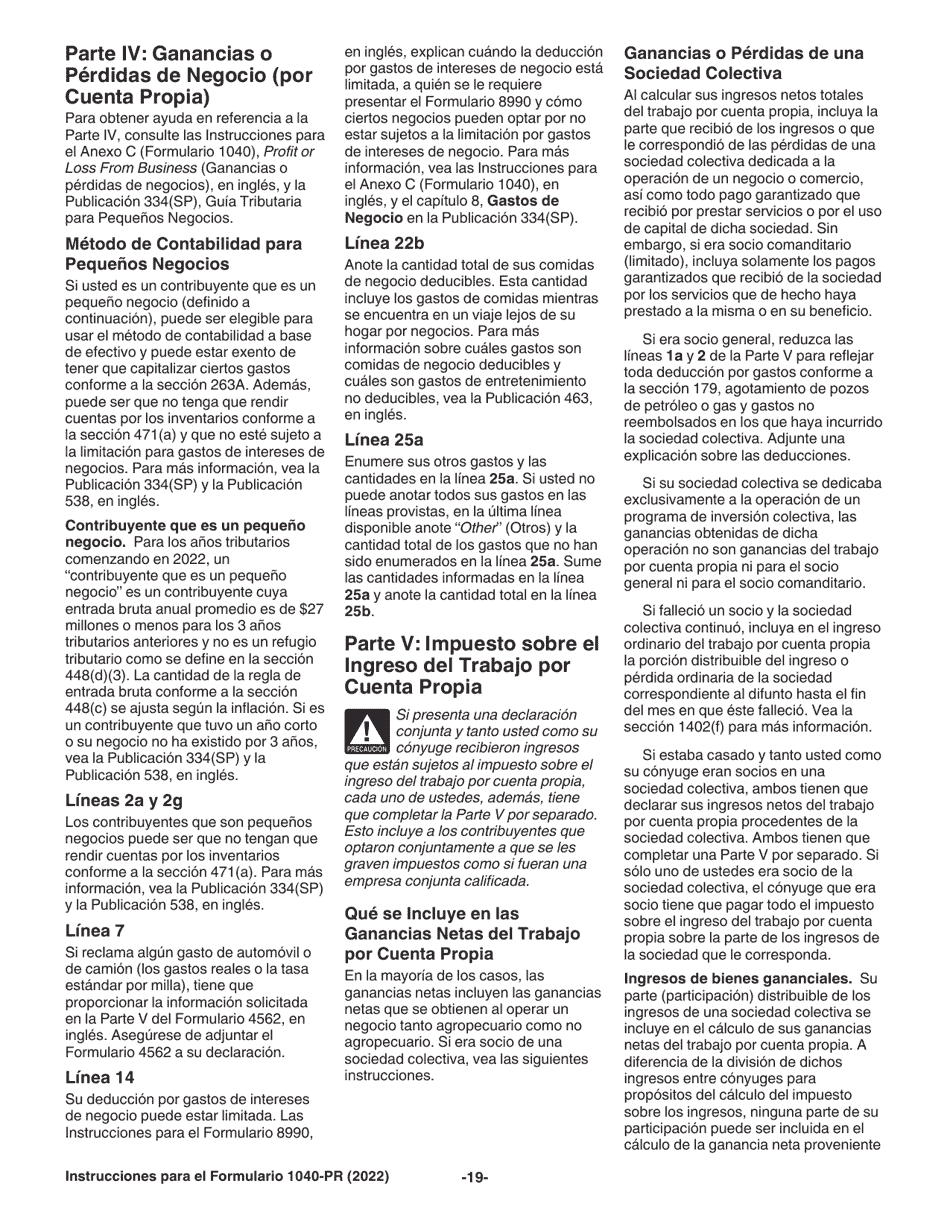 Instrucciones para IRS Formulario 1040-PR Declaracion De Impuestos Federal Sobre El Trabajo Por Cuenta Propia (Incluyendo El Credito Tributario Adicional Por Hijos Para Residentes Bona Fide De Puerto Rico) (Puerto Rican Spanish), Page 19