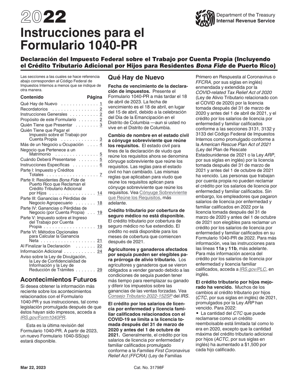 Instrucciones para IRS Formulario 1040-PR Declaracion De Impuestos Federal Sobre El Trabajo Por Cuenta Propia (Incluyendo El Credito Tributario Adicional Por Hijos Para Residentes Bona Fide De Puerto Rico) (Puerto Rican Spanish), Page 1