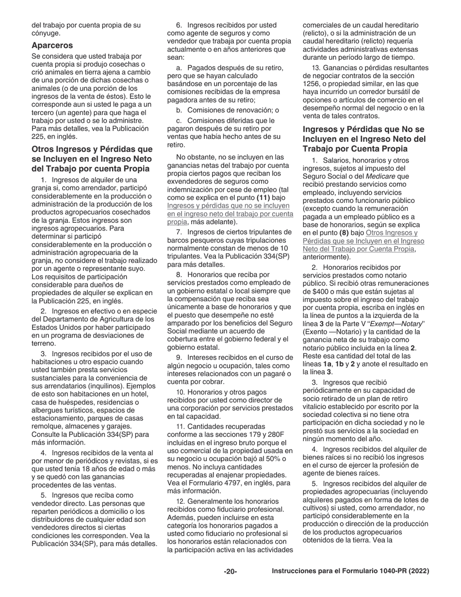 Instrucciones para IRS Formulario 1040-PR Declaracion De Impuestos Federal Sobre El Trabajo Por Cuenta Propia (Incluyendo El Credito Tributario Adicional Por Hijos Para Residentes Bona Fide De Puerto Rico) (Puerto Rican Spanish), Page 20