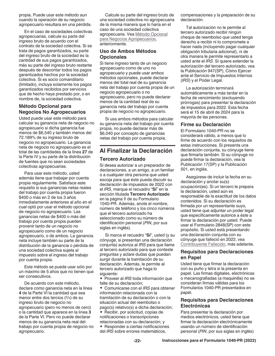 Instrucciones para IRS Formulario 1040-PR Declaracion De Impuestos Federal Sobre El Trabajo Por Cuenta Propia (Incluyendo El Credito Tributario Adicional Por Hijos Para Residentes Bona Fide De Puerto Rico) (Puerto Rican Spanish), Page 22