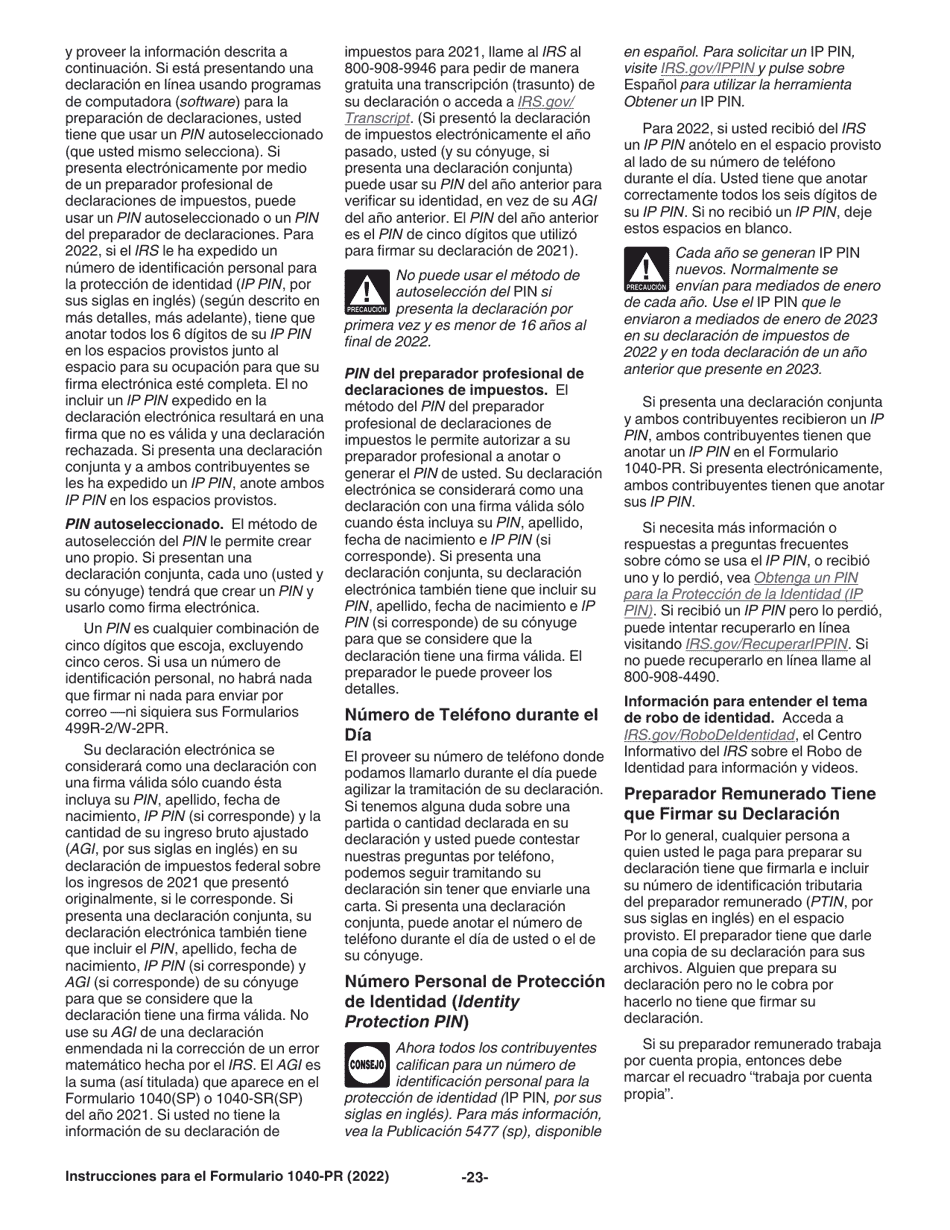 Instrucciones para IRS Formulario 1040-PR Declaracion De Impuestos Federal Sobre El Trabajo Por Cuenta Propia (Incluyendo El Credito Tributario Adicional Por Hijos Para Residentes Bona Fide De Puerto Rico) (Puerto Rican Spanish), Page 23