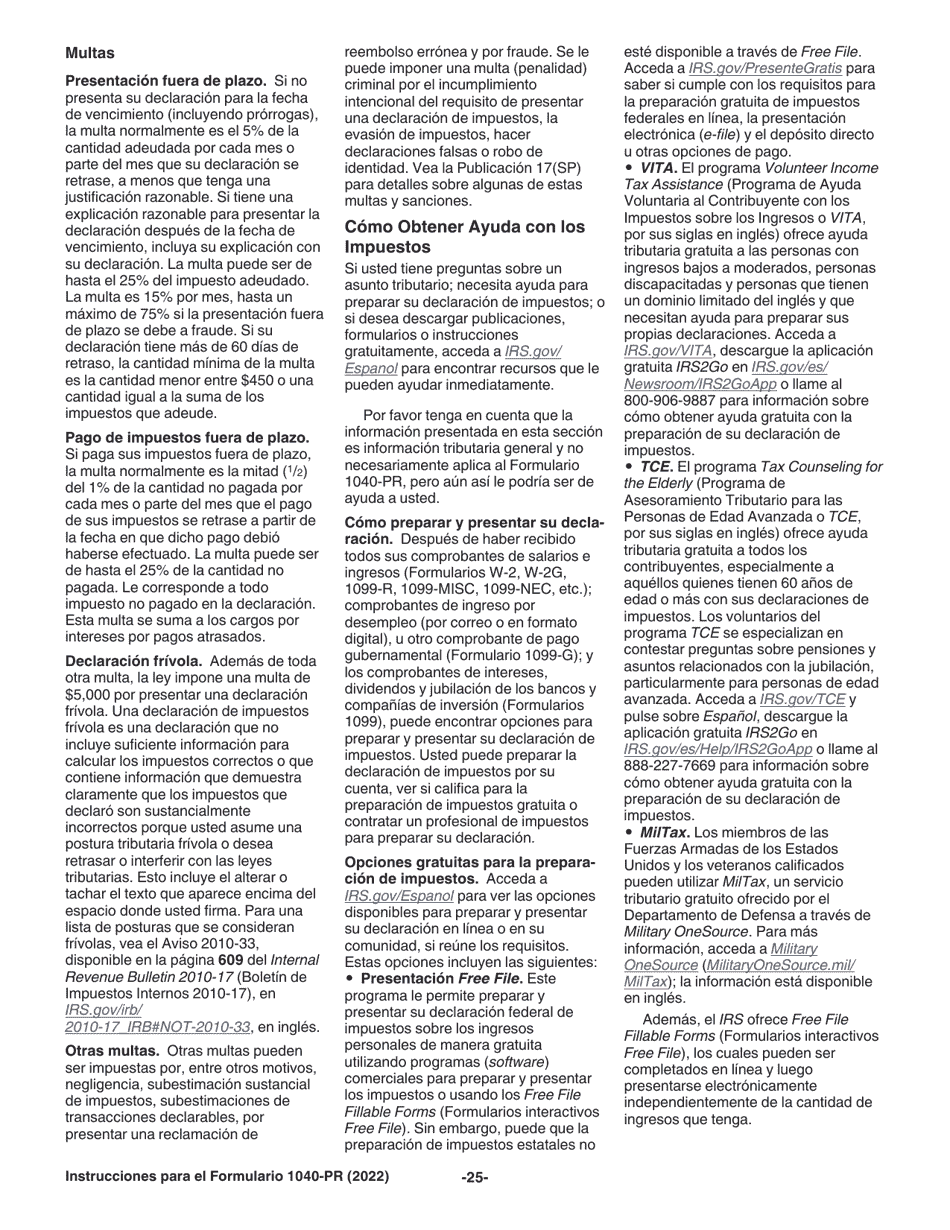Instrucciones para IRS Formulario 1040-PR Declaracion De Impuestos Federal Sobre El Trabajo Por Cuenta Propia (Incluyendo El Credito Tributario Adicional Por Hijos Para Residentes Bona Fide De Puerto Rico) (Puerto Rican Spanish), Page 25