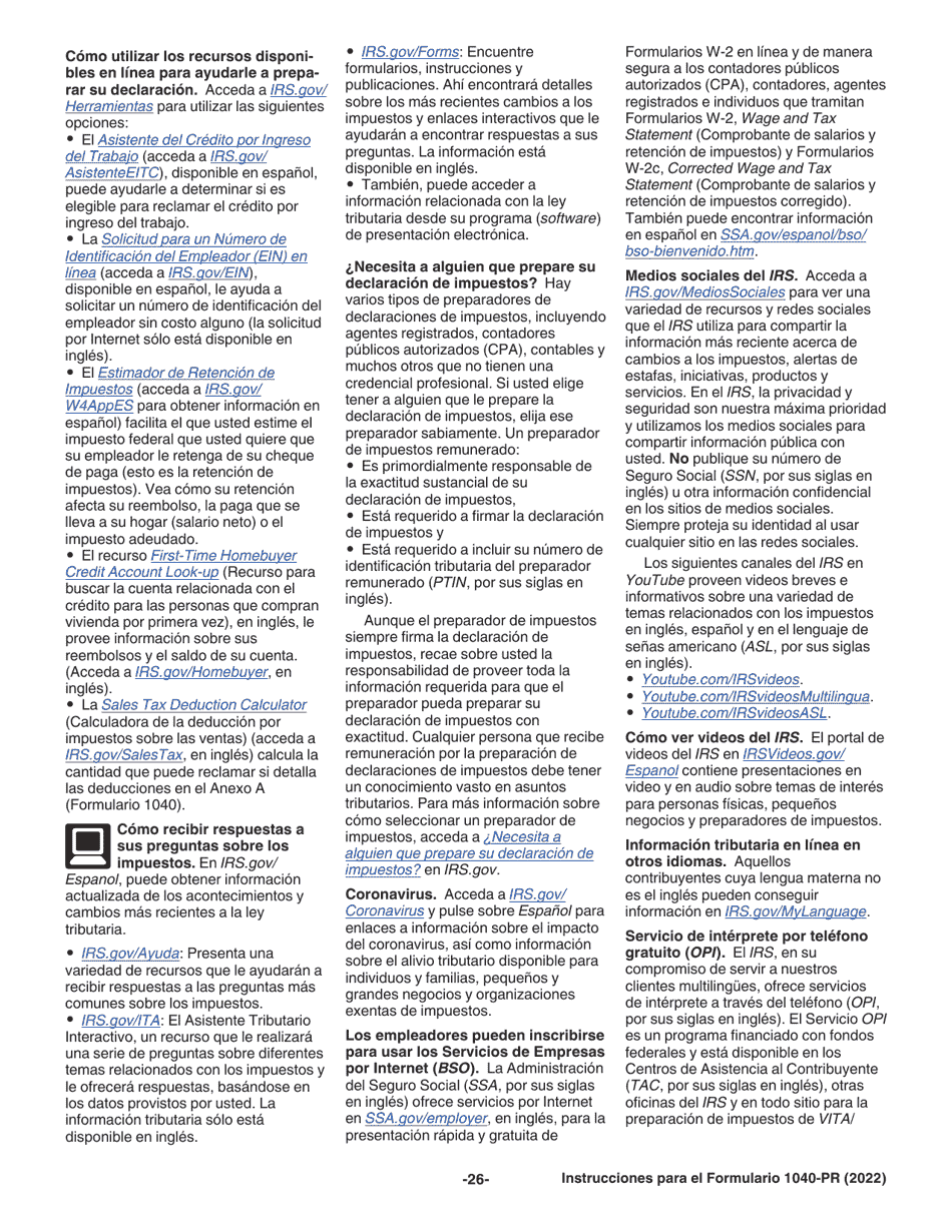 Instrucciones para IRS Formulario 1040-PR Declaracion De Impuestos Federal Sobre El Trabajo Por Cuenta Propia (Incluyendo El Credito Tributario Adicional Por Hijos Para Residentes Bona Fide De Puerto Rico) (Puerto Rican Spanish), Page 26