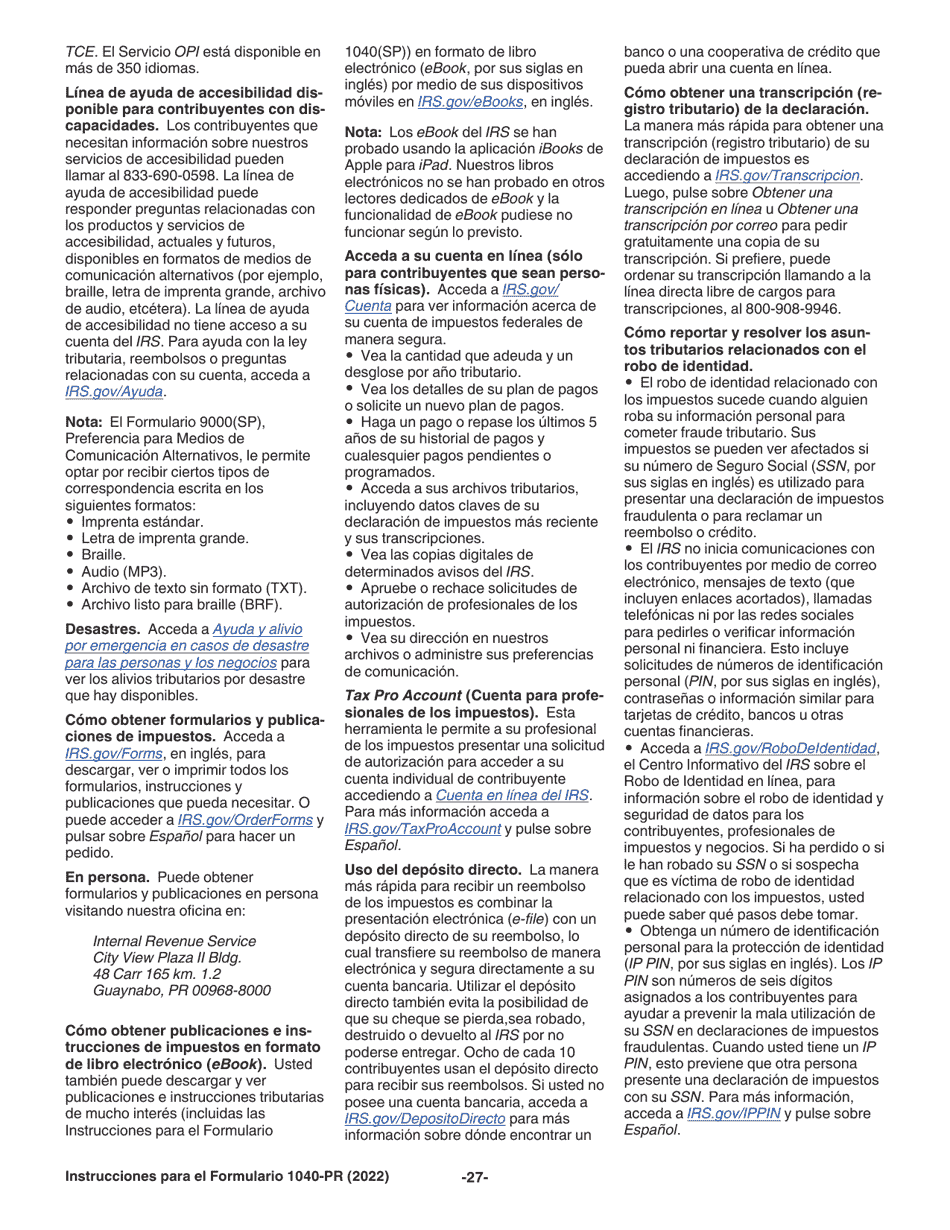 Instrucciones para IRS Formulario 1040-PR Declaracion De Impuestos Federal Sobre El Trabajo Por Cuenta Propia (Incluyendo El Credito Tributario Adicional Por Hijos Para Residentes Bona Fide De Puerto Rico) (Puerto Rican Spanish), Page 27