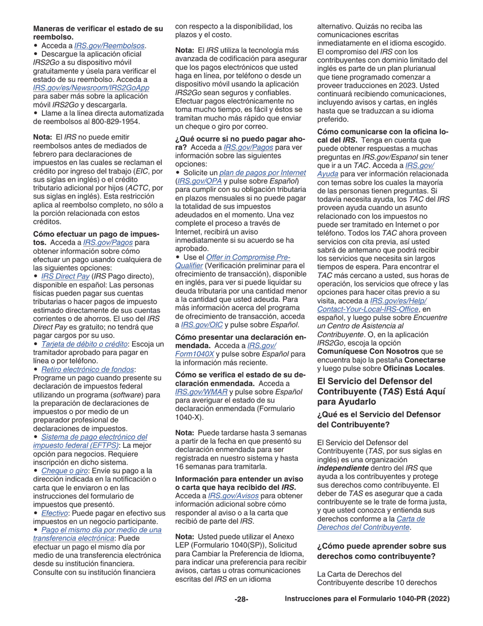 Instrucciones para IRS Formulario 1040-PR Declaracion De Impuestos Federal Sobre El Trabajo Por Cuenta Propia (Incluyendo El Credito Tributario Adicional Por Hijos Para Residentes Bona Fide De Puerto Rico) (Puerto Rican Spanish), Page 28