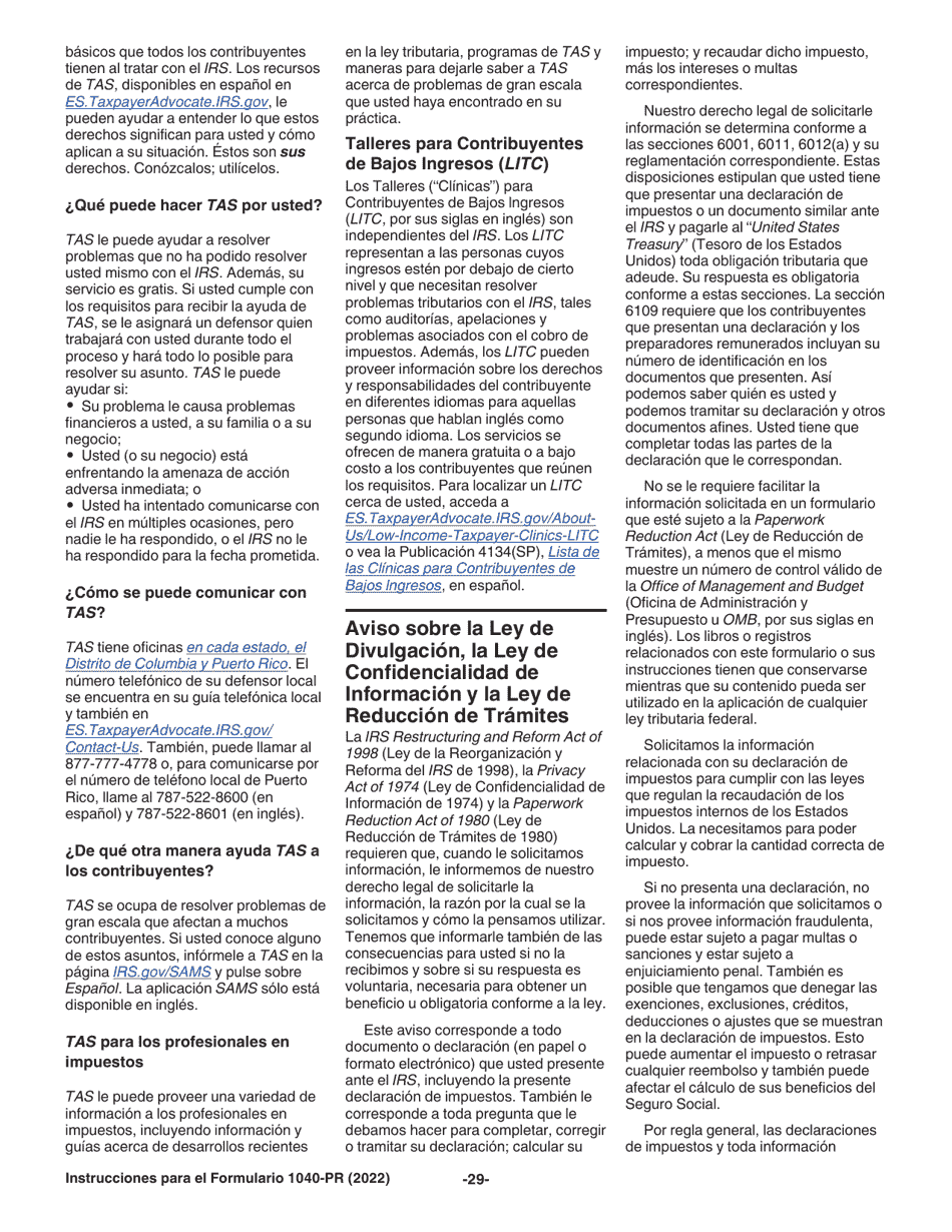 Instrucciones para IRS Formulario 1040-PR Declaracion De Impuestos Federal Sobre El Trabajo Por Cuenta Propia (Incluyendo El Credito Tributario Adicional Por Hijos Para Residentes Bona Fide De Puerto Rico) (Puerto Rican Spanish), Page 29