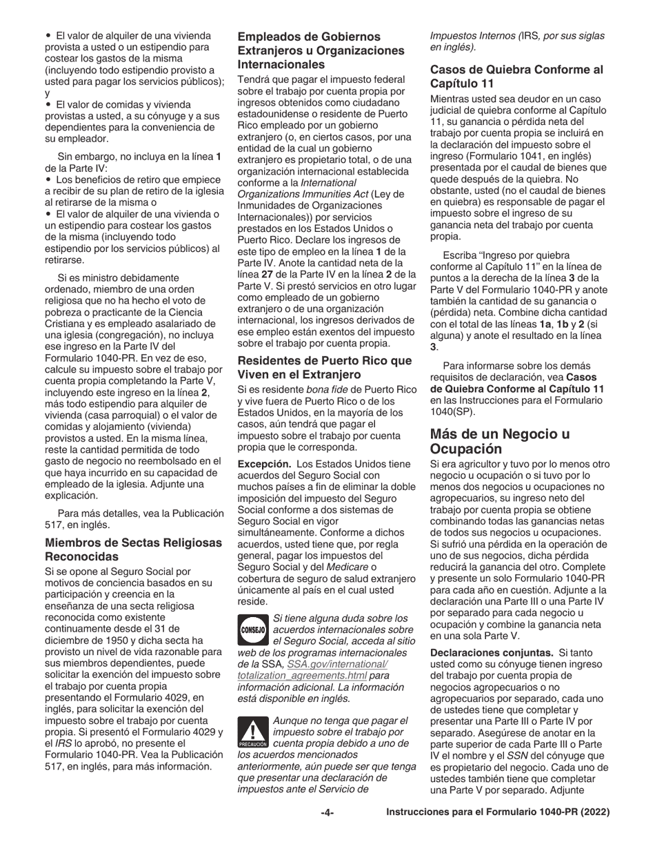 Instrucciones para IRS Formulario 1040-PR Declaracion De Impuestos Federal Sobre El Trabajo Por Cuenta Propia (Incluyendo El Credito Tributario Adicional Por Hijos Para Residentes Bona Fide De Puerto Rico) (Puerto Rican Spanish), Page 4