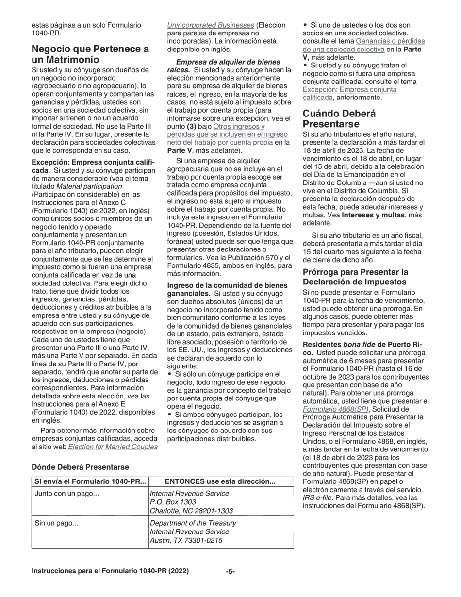 Instrucciones para IRS Formulario 1040-PR Declaracion De Impuestos Federal Sobre El Trabajo Por Cuenta Propia (Incluyendo El Credito Tributario Adicional Por Hijos Para Residentes Bona Fide De Puerto Rico) (Puerto Rican Spanish), Page 5