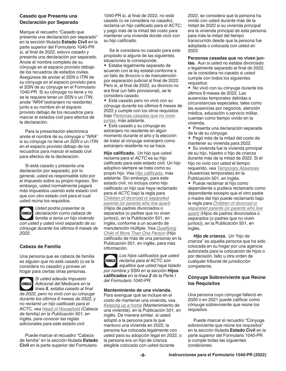 Instrucciones para IRS Formulario 1040-PR Declaracion De Impuestos Federal Sobre El Trabajo Por Cuenta Propia (Incluyendo El Credito Tributario Adicional Por Hijos Para Residentes Bona Fide De Puerto Rico) (Puerto Rican Spanish), Page 8