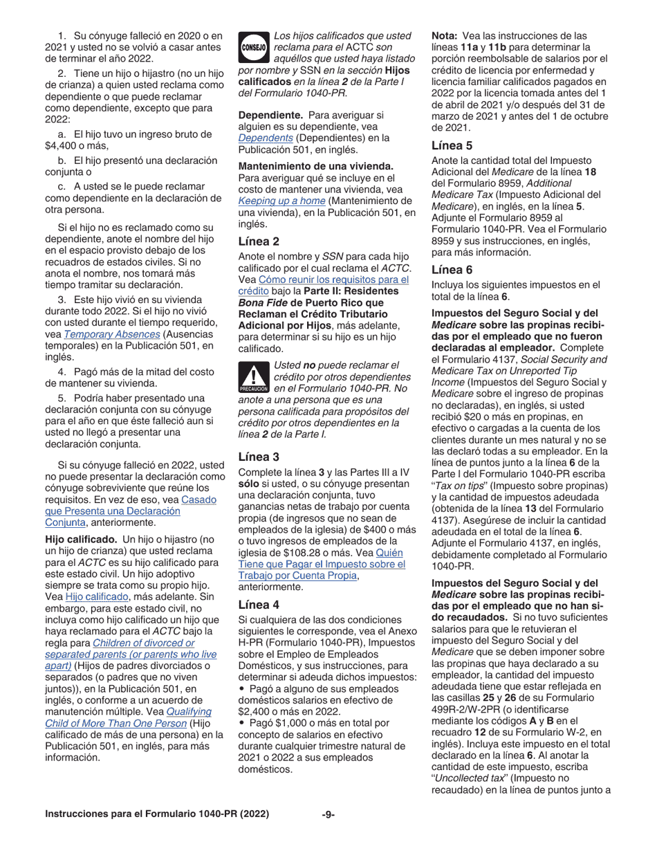 Instrucciones para IRS Formulario 1040-PR Declaracion De Impuestos Federal Sobre El Trabajo Por Cuenta Propia (Incluyendo El Credito Tributario Adicional Por Hijos Para Residentes Bona Fide De Puerto Rico) (Puerto Rican Spanish), Page 9